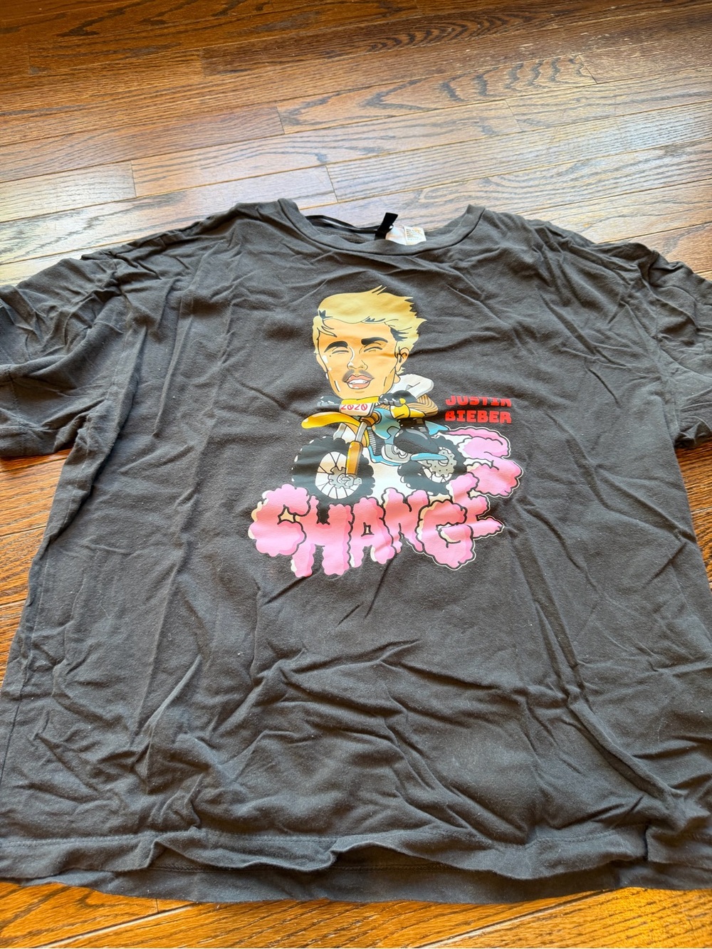 Justin Bieber Black Short-Sleeve Graphic Tee with Pink & Yellow Print